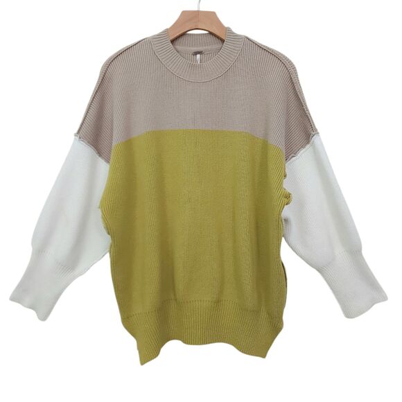 Free People Easy Street Sweater Womens XS Brown Color Block Ribbed Oversized - Picture 1 of 11